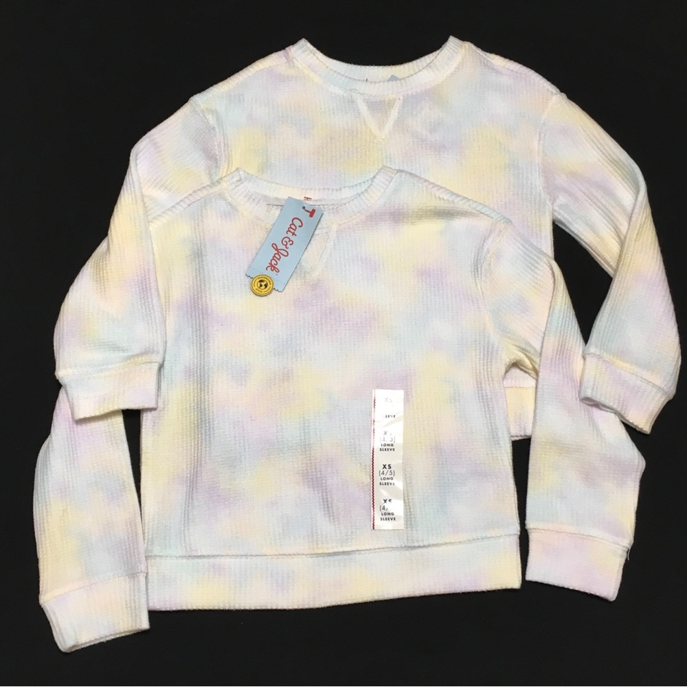 2- Cat & Jack Size XS (4/5) Crewneck Waffle Knit Multicolored Tie Dye Shirt